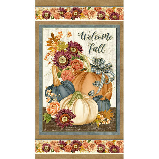 Hello Fall - Autumn Fall Pumpkins Mums 24" Fabric Panel, Kaufman AWHDM-23913-196 Harvest, Thanksgiving Fabric, Welcome Fall Panel