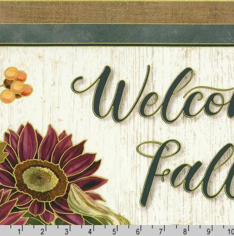 Hello Fall - Autumn Fall Pumpkins Mums 24" Fabric Panel, Kaufman AWHDM-23913-196 Harvest, Thanksgiving Fabric, Welcome Fall Panel