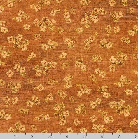 Hello Fall- Small Flowers on Burnt Orange Fabric, Robert Kaufman AWHDM-23921-163 Spice, Autumn Fall Harvest Floral Fabric with Gold Metallic