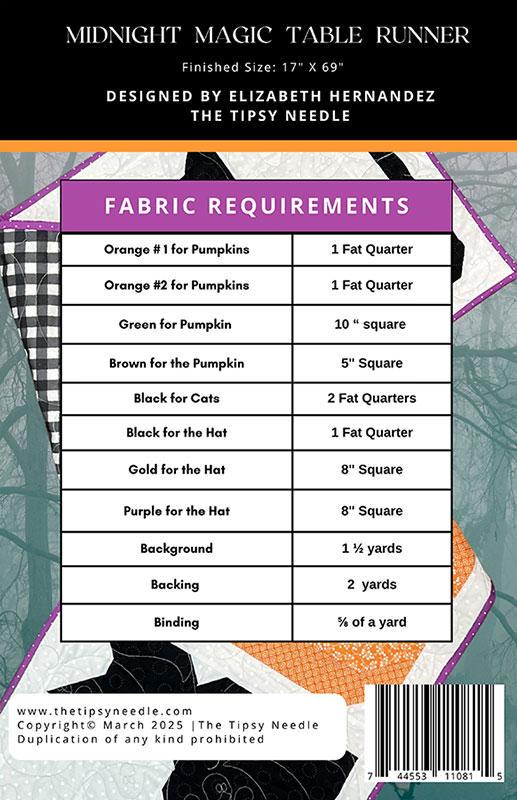 Midnight Magic Halloween Table Runner Quilt Pattern, The Tipsy Needle TTN141, Fat Quarter FQ Scrap Friendly Black Cat Witch Hat Table Quilt