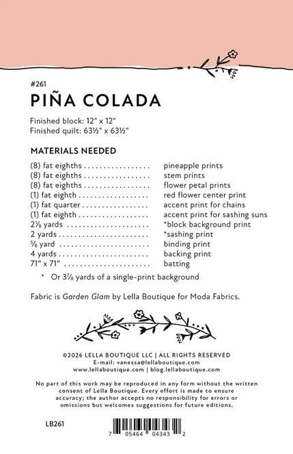 Piña Colada Quilt Pattern, Lella Boutique LB261, Fat Eighths F8 Friendly Pineapples Flowers Square Throw Quilt Pattern
