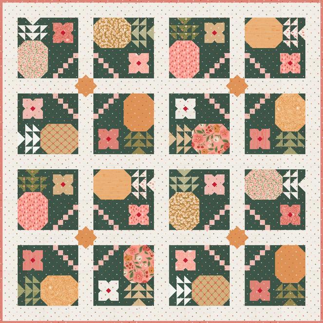 Piña Colada Quilt Pattern, Lella Boutique LB261, Fat Eighths F8 Friendly Pineapples Flowers Square Throw Quilt Pattern
