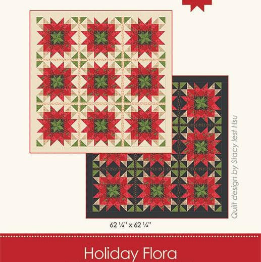 Holiday Flora Quilt Pattern, Stacy Iest Hsu SIH118, Yardage Friendly Christmas Poinsettias Square Lap Throw Quilt Pattern