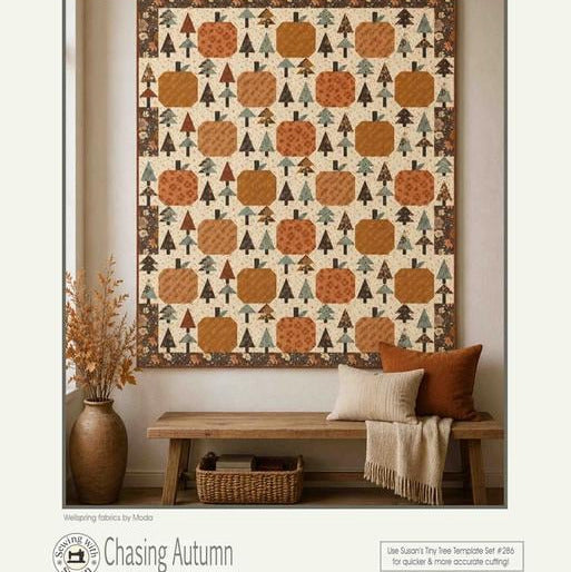 Chasing Autumn Quilt Pattern, Suzn Quilts SUZ396, Yardage Friendly Pine Trees Pumpkins Lap Wall Throw Quilt Pattern