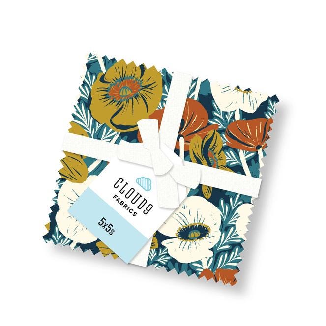 Picnic 5" Fabric Squares, Cloud9 Fabrics 600565, 5" Precut Navy Blue Teal Rust Gold Floral Gingham Quilt Fabric Squares