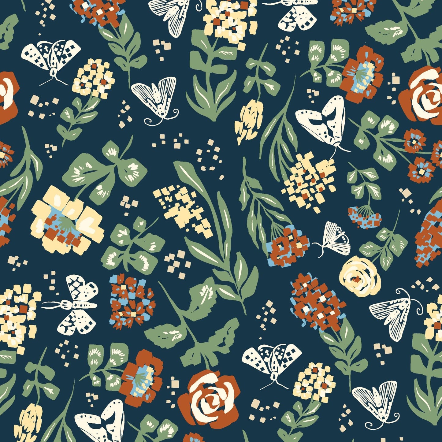 Picnic 5" Fabric Squares, Cloud9 Fabrics 600565, 5" Precut Navy Blue Teal Rust Gold Floral Gingham Quilt Fabric Squares