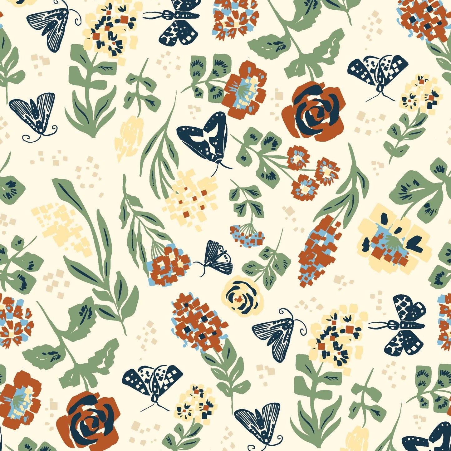 Picnic 5" Fabric Squares, Cloud9 Fabrics 600565, 5" Precut Navy Blue Teal Rust Gold Floral Gingham Quilt Fabric Squares