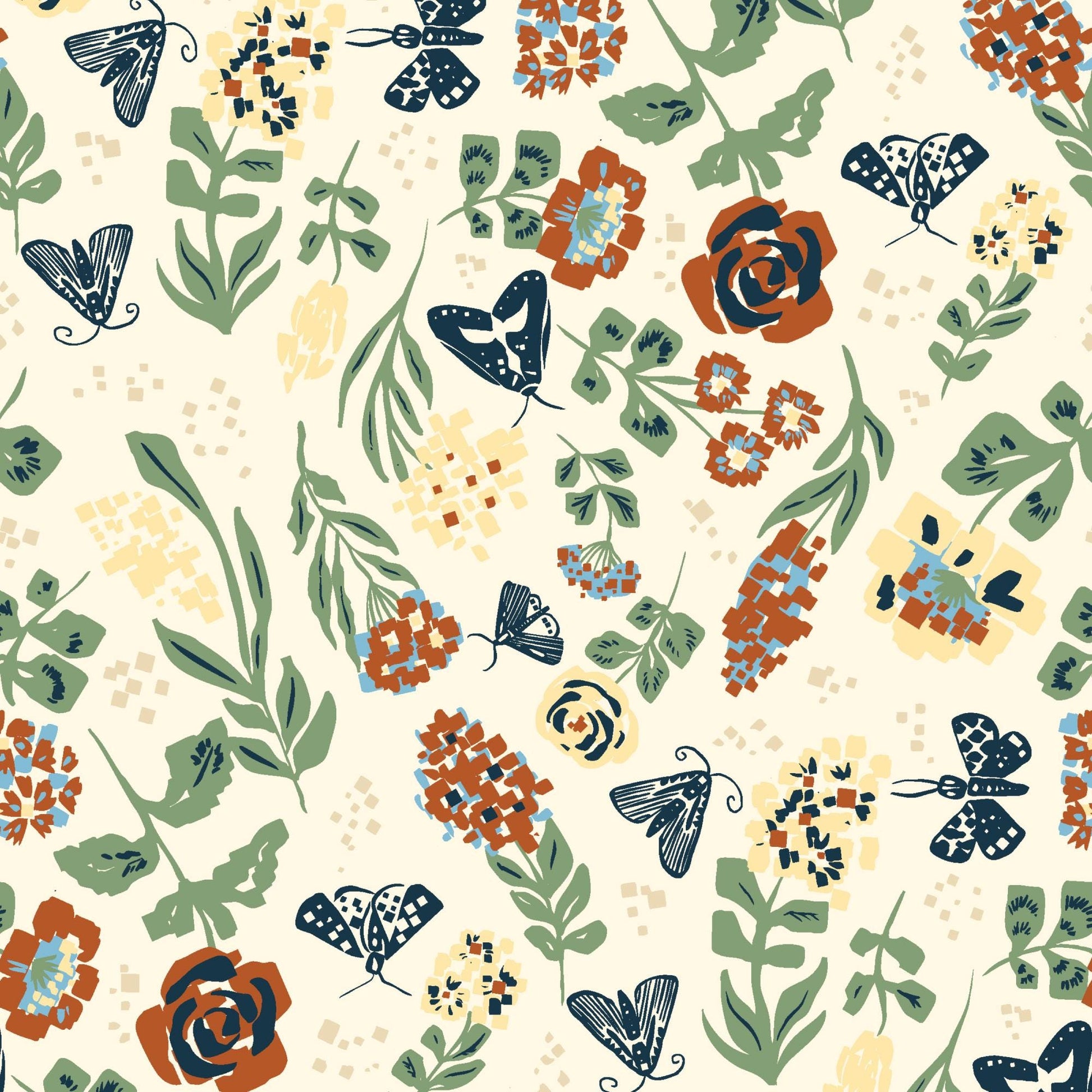 Picnic 5" Fabric Squares, Cloud9 Fabrics 600565, 5" Precut Navy Blue Teal Rust Gold Floral Gingham Quilt Fabric Squares