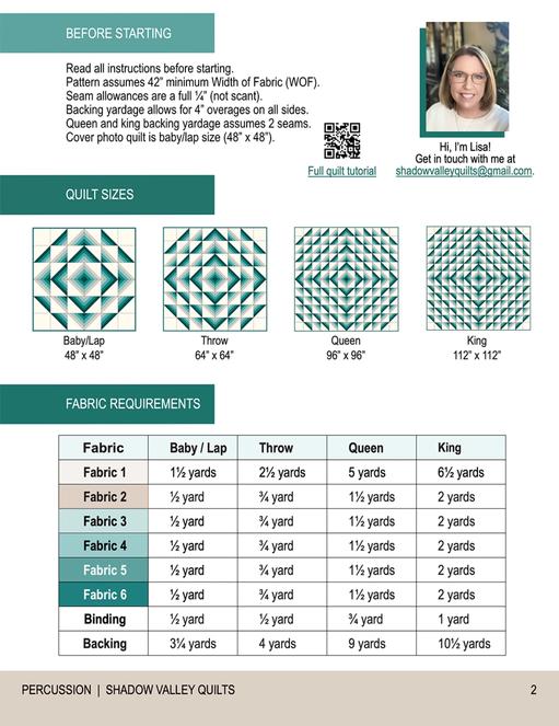 Percussion Quilt Pattern, Shadow Valley Quilts SHV006, Yardage Friendly Beginner Baby Lap Throw Queen King Bed Quilt Pattern, Lisa Lund