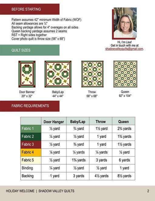 Holiday Welcome Quilt Pattern, Shadow Valley Quilts SHV008, Yardage Friendly Christmas Wreath Stars Wall Throw Queen Door Quilt Pattern