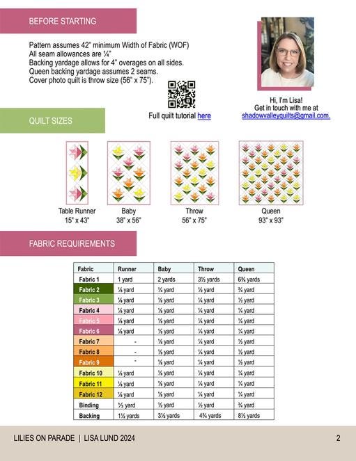 Lilies on Parade Quilt Pattern, Shadow Valley Quilts SHV002, Yardage Friendly Beginner Runner Baby Throw Queen Bed Quilt Pattern, Lisa Lund