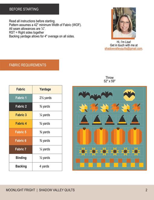 Moonlight Fright Quilt Pattern, Shadow Valley Quilts SHV019, Yardage Friendly Halloween Sampler Row Throw Quilt Pattern, Lund