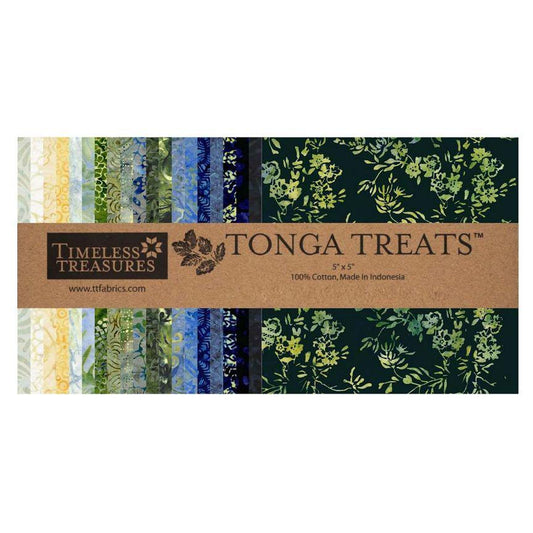 Tonga Radiant Meadow Batik 5" Squares, Timeless Treasures Treat-Mini42 Radiant, 5" Precut Blue Yellow Green Batik Charm Pack Squares