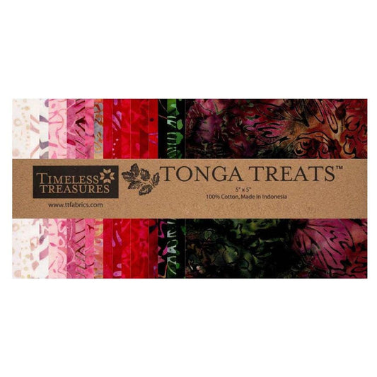 Tonga Geranium Batik 5" Squares, Timeless Treasures Treat-Mini42 Geranium, 5" Precut Pink Red Green Batik Charm Pack Squares