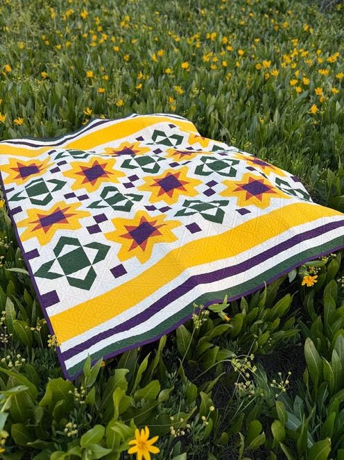 Scatter Sunshine Quilt Pattern, Shadow Valley Quilts SHV010, Yardage Friendly Sunflower Baby Throw Queen Bed Quilt Pattern, Lisa Lund