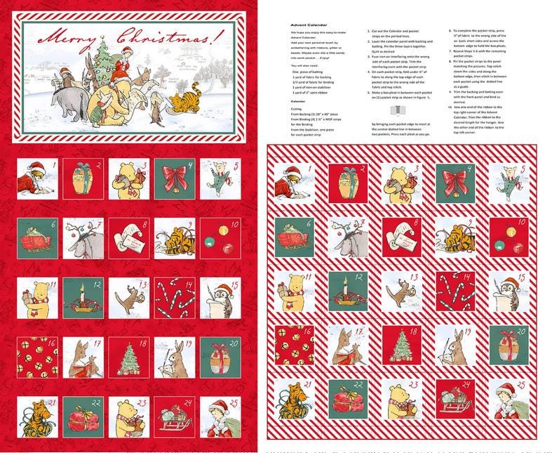 Christmas at Pooh Corner - Advent Calendar Fabric Panel, Studio E 9113PS-88, Pooh Tigger Eeyore Rabbit Xmas Fabric Panel