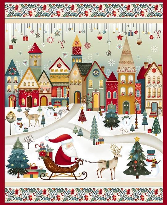 Nordic Holiday Village - 36" Santa Sleigh Fabric Panel, Henry Glass 3615P-44, Christmas Xmas Santa Town Fabric Panel, Mary Jane Carey