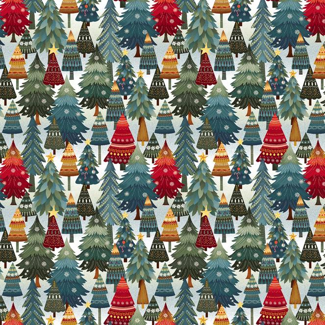Nordic Holiday Village - Christmas Trees Fabric, Henry Glass 3606-17 Ice Blue Multi, Christmas Xmas Tree Cotton Quilt Fabric, By the Yard