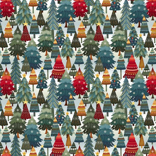 Nordic Holiday Village - Christmas Trees Fabric, Henry Glass 3606-17 Ice Blue Multi, Christmas Xmas Tree Cotton Quilt Fabric, By the Yard