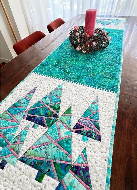 Enchanted Forest Table Runner Quilt Kit, Anthology 80000QK-X, FPP Turquoise Pink Purple Christmas Trees Table Quilt Kit, Jacqueline de Jonge