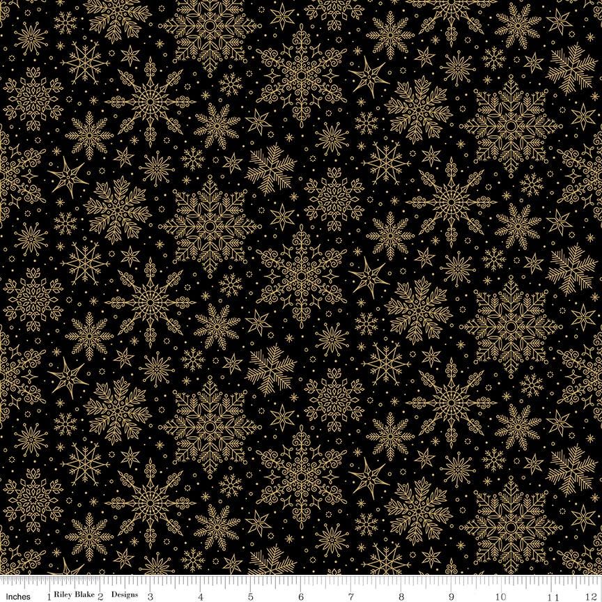 Poinsettias at Christmas - Gold Snowflakes on Black Fabric, Riley Blake CF17635-Black, Gold Metallic Christmas Cotton Fabric, Bosworth