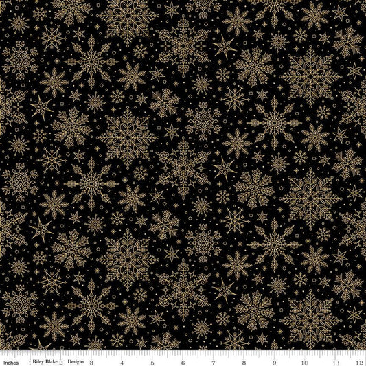 Poinsettias at Christmas - Gold Snowflakes on Black Fabric, Riley Blake CF17635-Black, Gold Metallic Christmas Cotton Fabric, Bosworth