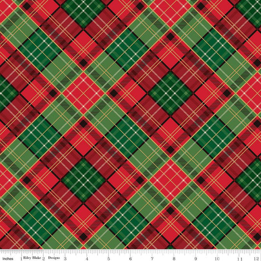 Poinsettias at Christmas - Red Green Plaid Fabric, Riley Blake CF17633-Multi, Gold Metallic Christmas Bias Plaid Cotton Fabric, Bosworth
