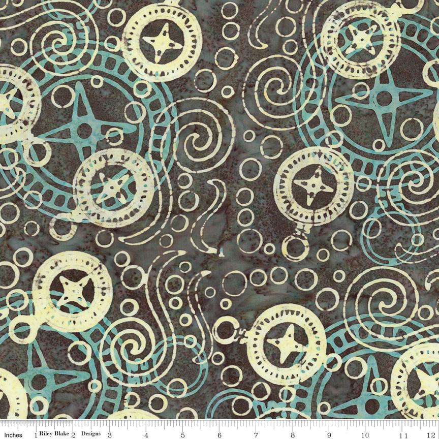 Expressions Batiks Sunken Treasure 5" Stacker, Riley Blake 5-23717-42, 5" Precut Teal Brown Yellow Coastal Batik Fabric Squares
