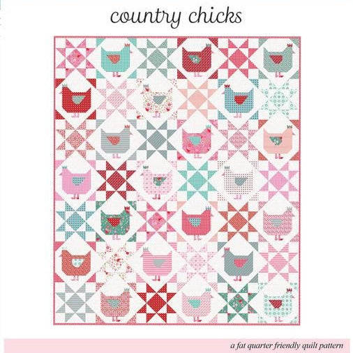 Country Chicks Quilt Pattern, Poppie Cotton SCP25172, Fat Quarter FQ Friendly Stars Chickens Throw Quilt Pattern, Jina Barney
