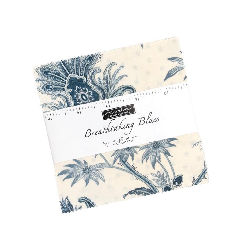 Breathtaking Blues Charm Pack, Moda 44400PP, Precut 5" Blue Beige Floral Charm Pack Fabric Squares, 3 Sisters