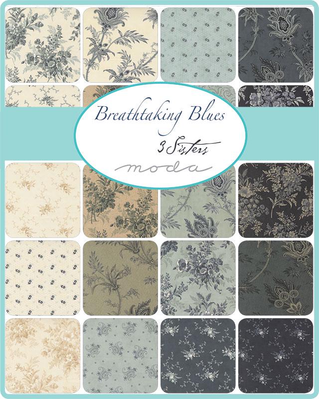Breathtaking Blues Layer Cake, Moda 44400LC, Precut 10" Blue Beige Floral Layer Cake Fabric Squares, 3 Sisters