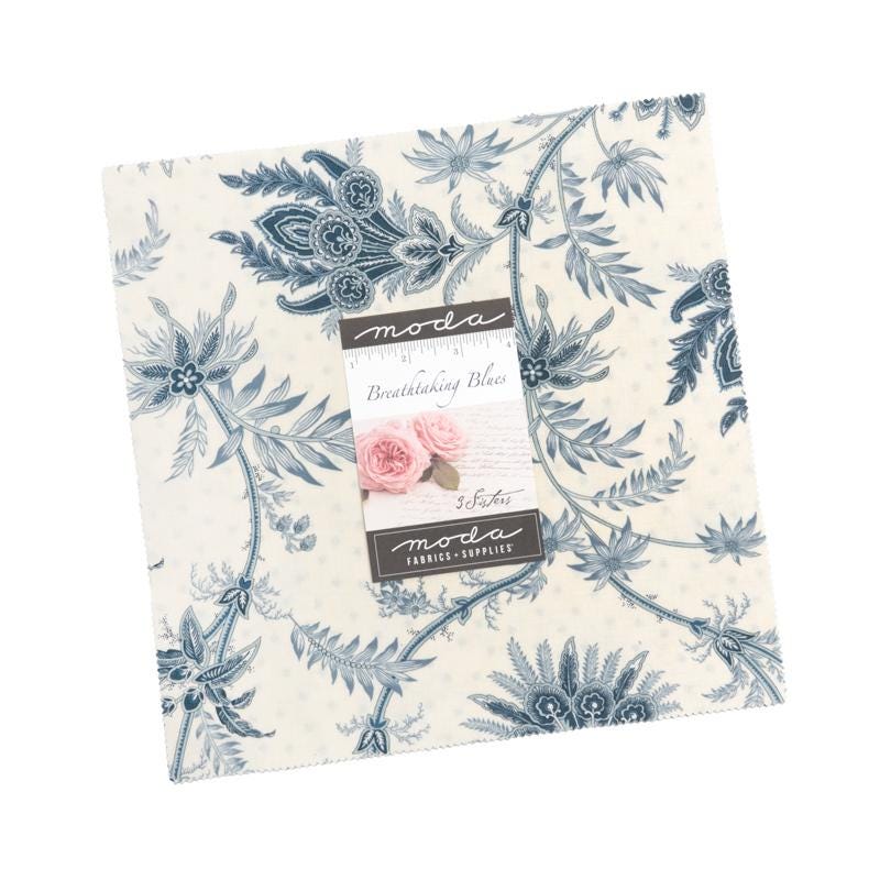 Breathtaking Blues Layer Cake, Moda 44400LC, Precut 10" Blue Beige Floral Layer Cake Fabric Squares, 3 Sisters