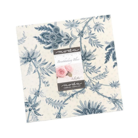 Breathtaking Blues Layer Cake, Moda 44400LC, Precut 10" Blue Beige Floral Layer Cake Fabric Squares, 3 Sisters