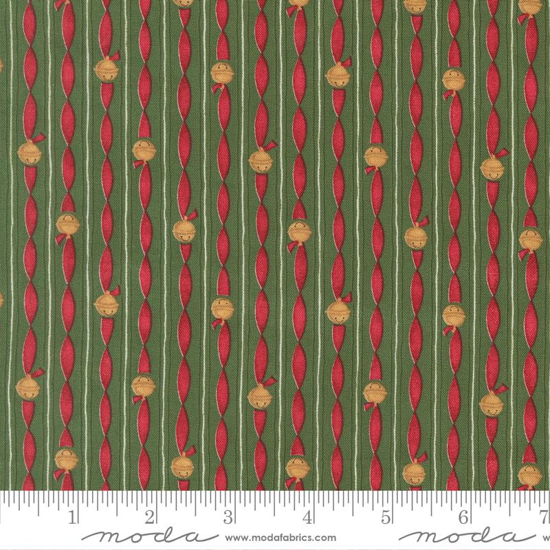 When Snow Falls - Jingle Bell Stripes on Green Fabric, Moda 56176 17 Evergreen, Red Green Striped Xmas Fabric, Deb Strain, By the Yard