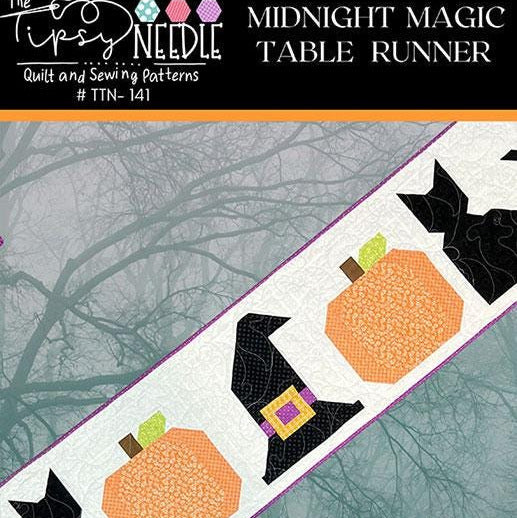 Midnight Magic Halloween Table Runner Quilt Pattern, The Tipsy Needle TTN141, Fat Quarter FQ Scrap Friendly Black Cat Witch Hat Table Quilt
