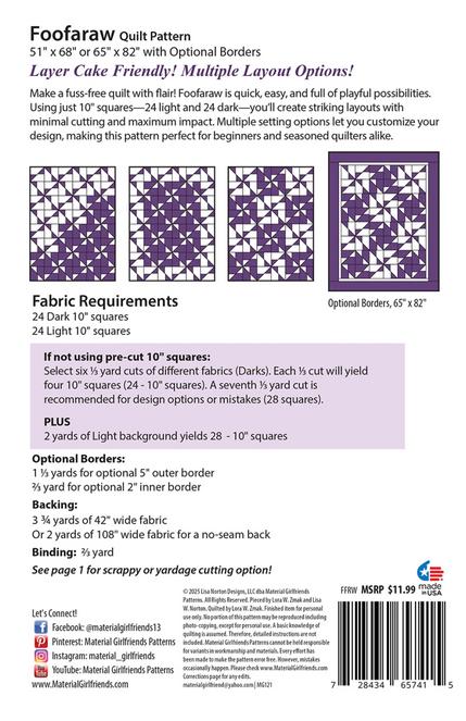 Foofaraw Quilt Pattern, Material Girlfriends MG121, Layer Cake Friendly Pinwheels Throw Quilt Pattern, Multiple Layouts