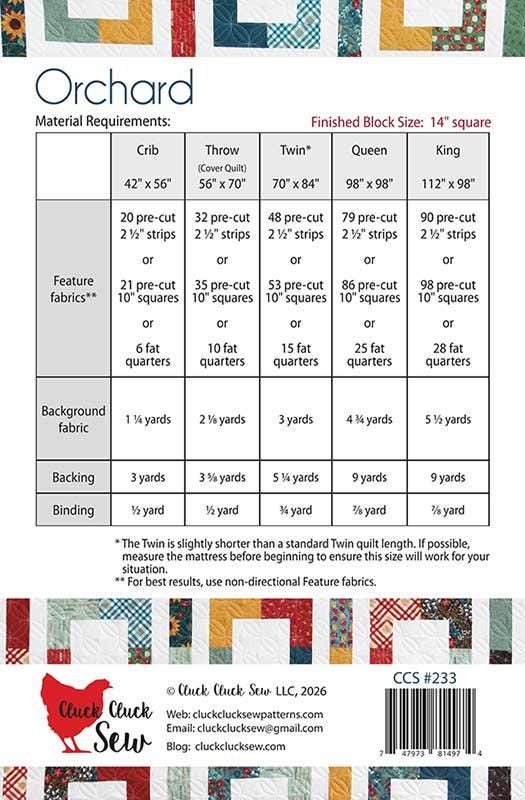 Orchard Quilt Pattern, Cluck Cluck Sew CCS233, Layer Cake Jelly Roll Fat Quarter FQ Friendly Easy Throw Baby Queen King Bed Quilt Pattern
