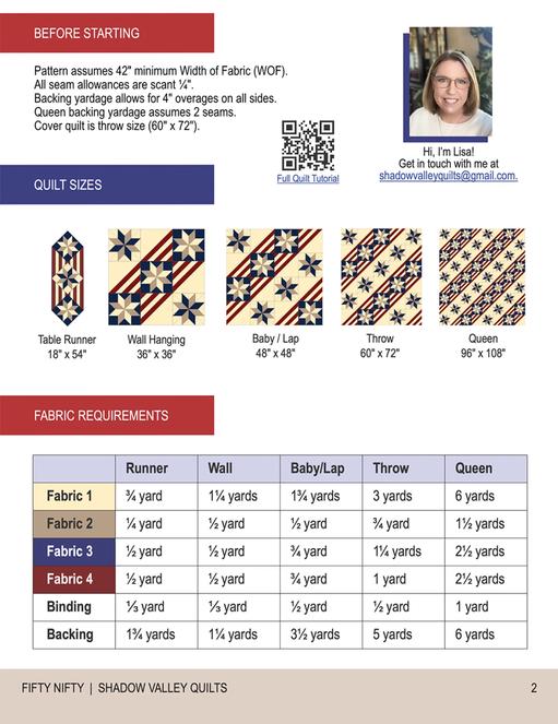 Fifty Nifty Quilt Pattern, Shadow Valley Quilts SHV005, Yardage Friendly Patriotic Star Runner Wall Baby Lap Throw Queen Bed Quilt Pattern