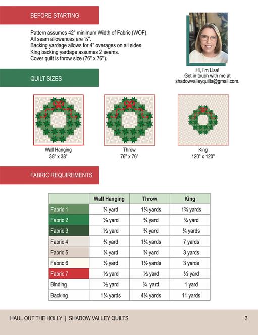 Haul Out the Holly Quilt Pattern, Shadow Valley Quilts SHV007, Yardage Friendly Christmas Wreath Wall Throw Queen Bed Quilt Pattern, Lund