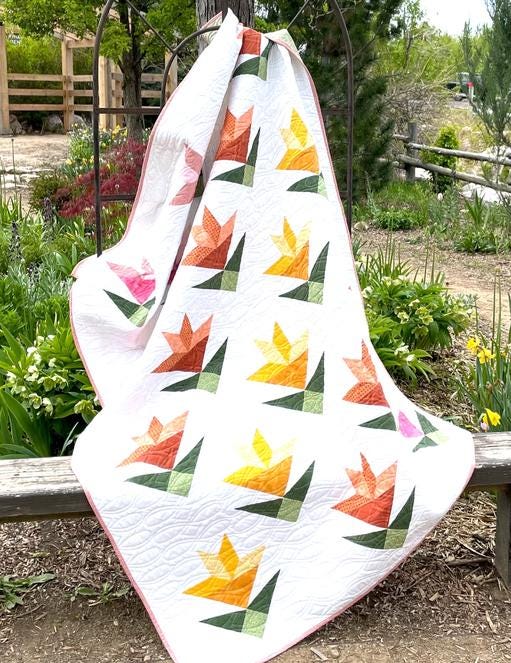 Lilies on Parade Quilt Pattern, Shadow Valley Quilts SHV002, Yardage Friendly Beginner Runner Baby Throw Queen Bed Quilt Pattern, Lisa Lund