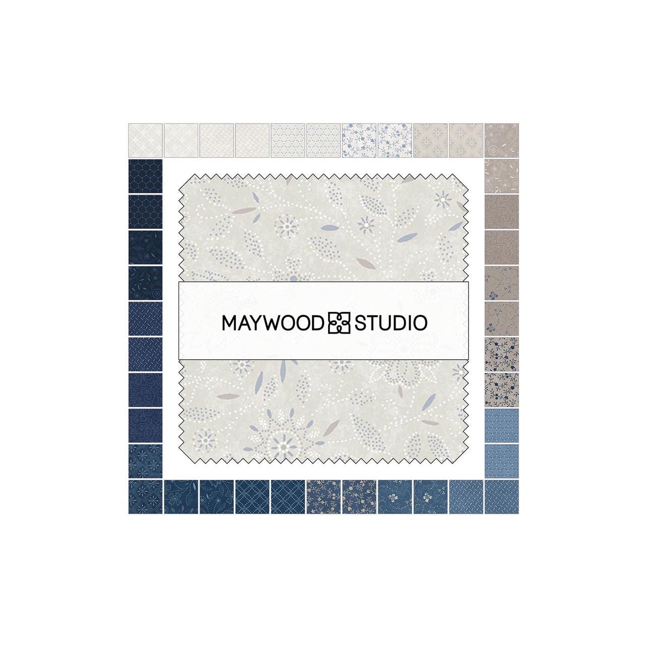 Patchwork Blue 5" Charm Pack, Maywood Studio CP-MASPABL, 5" Precut Ecru Tan Blue Floral Geometric Charm Pack Fabric Squares
