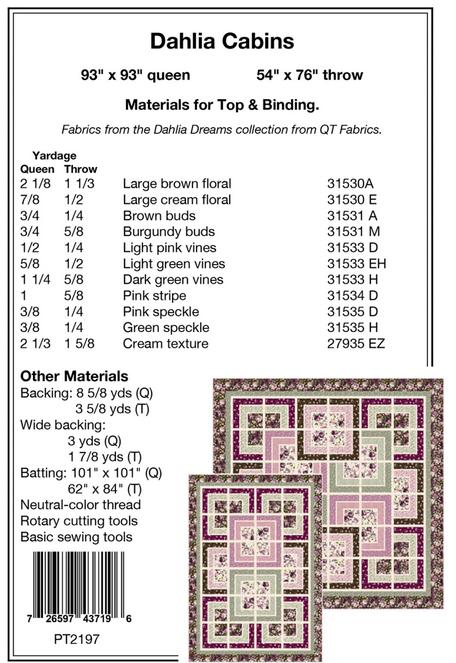 Dahlia Cabins Quilt Pattern, Pine Tree Country Quilts PT2197, Yardage Friendly Log Cabin Variation Throw Queen Bed Quilt Pattern
