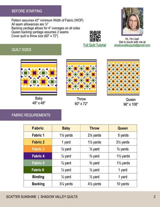Scatter Sunshine Quilt Pattern, Shadow Valley Quilts SHV010, Yardage Friendly Sunflower Baby Throw Queen Bed Quilt Pattern, Lisa Lund