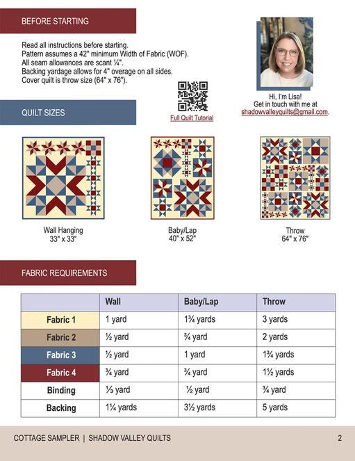 Cottage Sampler Quilt Pattern, Shadow Valley Quilts SHV012, Yardage Friendly Stars Sampler Wall Baby Throw Quilt Pattern, Lisa Lund