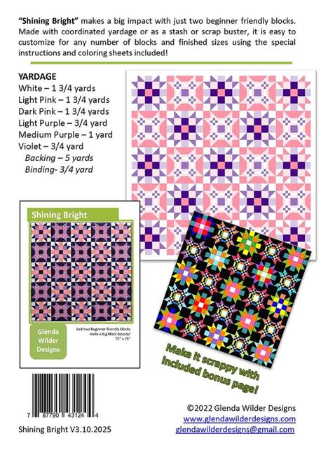 Shining Bright Quilt Pattern, Glenda Wilder Designs P248-SHININGBRIGHT, Yardage Scrap Friendly Square Throw Bed Quilt Pattern