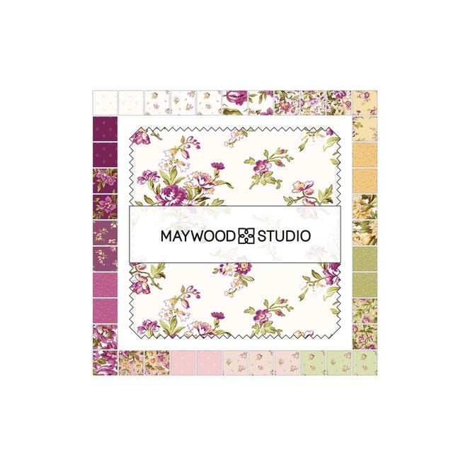 Veranda 5" Charm Pack, Maywood Studio CP-MASVERA, 5" Precut Purple Green Yellow Pink White Floral Charm Pack Fabric Squares