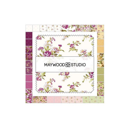 Veranda 5" Charm Pack, Maywood Studio CP-MASVERA, 5" Precut Purple Green Yellow Pink White Floral Charm Pack Fabric Squares