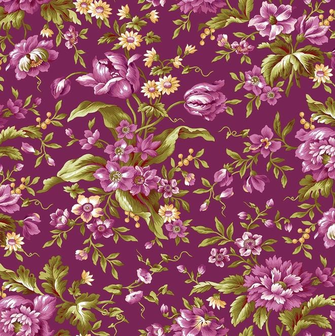 Lilac Lane 19 Piece Fat Quarter Bundle, FQ-MASVERA, 18 x 22 Fabric Cuts, Purple Green Yellow Pink Floral Fabric Bundle, Maywood Studio