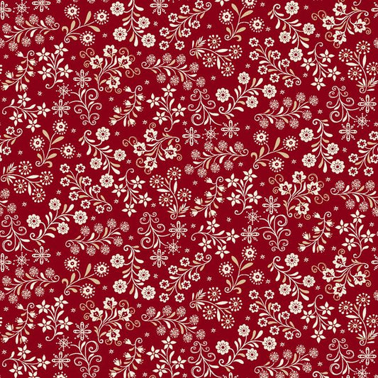Nordic Holiday Village - Red Cream Floral Vines Fabric, Henry Glass 3610-88, Christmas Xmas Blender Cotton Quilt Fabric, By the Yard