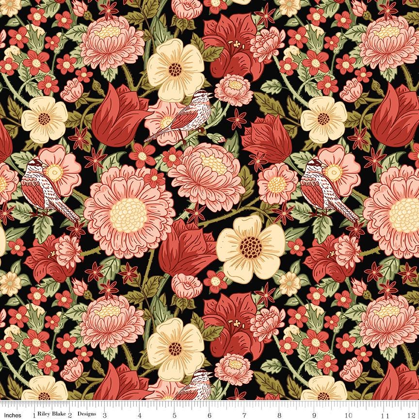 Tangled Garden 2.5" Rolie Polie, Riley Blake RP-18020-20, Precut 2.5" Floral Fabric Strips in Pink Red Green Black, Diane Labombarbe